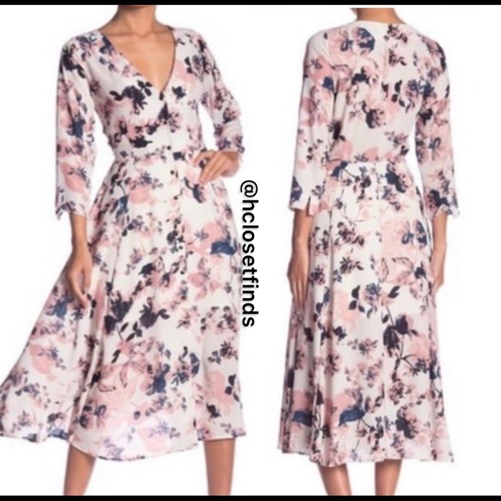 - Yumi Kim 3/4 Sleeve Light Pink Floral Midi Dress